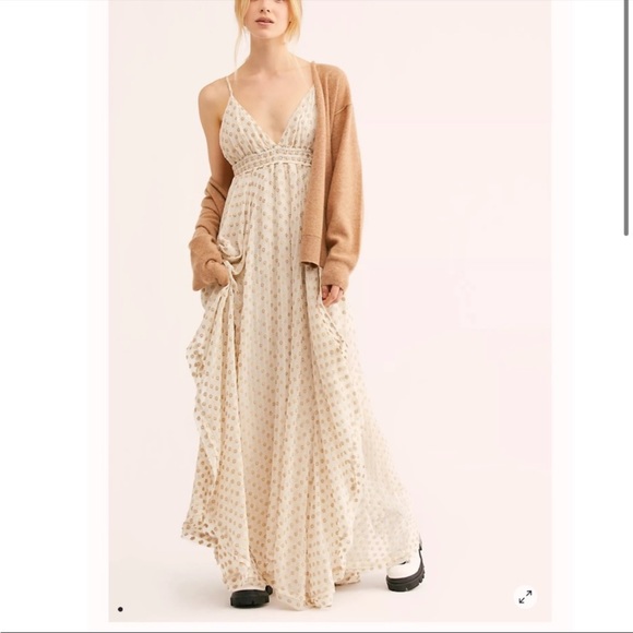 Free People Dresses & Skirts - Free People Meredith Metallic Embroidered Smocked Open Back Maxi Dress